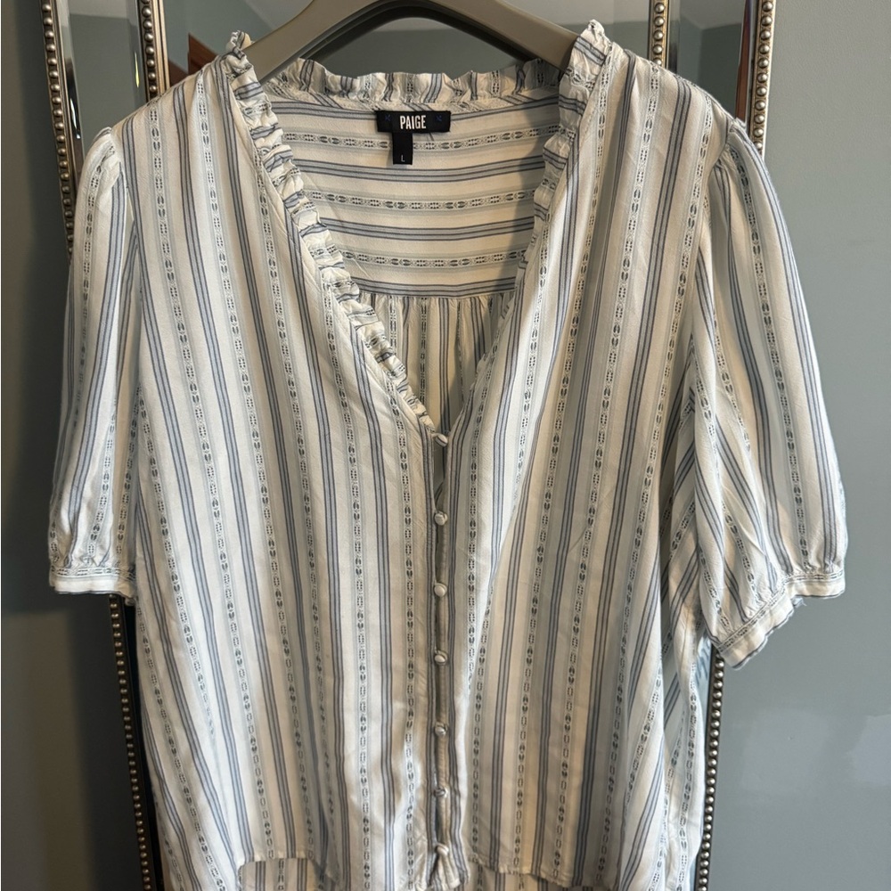 PAIGE White and Light Blue Striped Button-Front Blouse - Picture 1 of 9